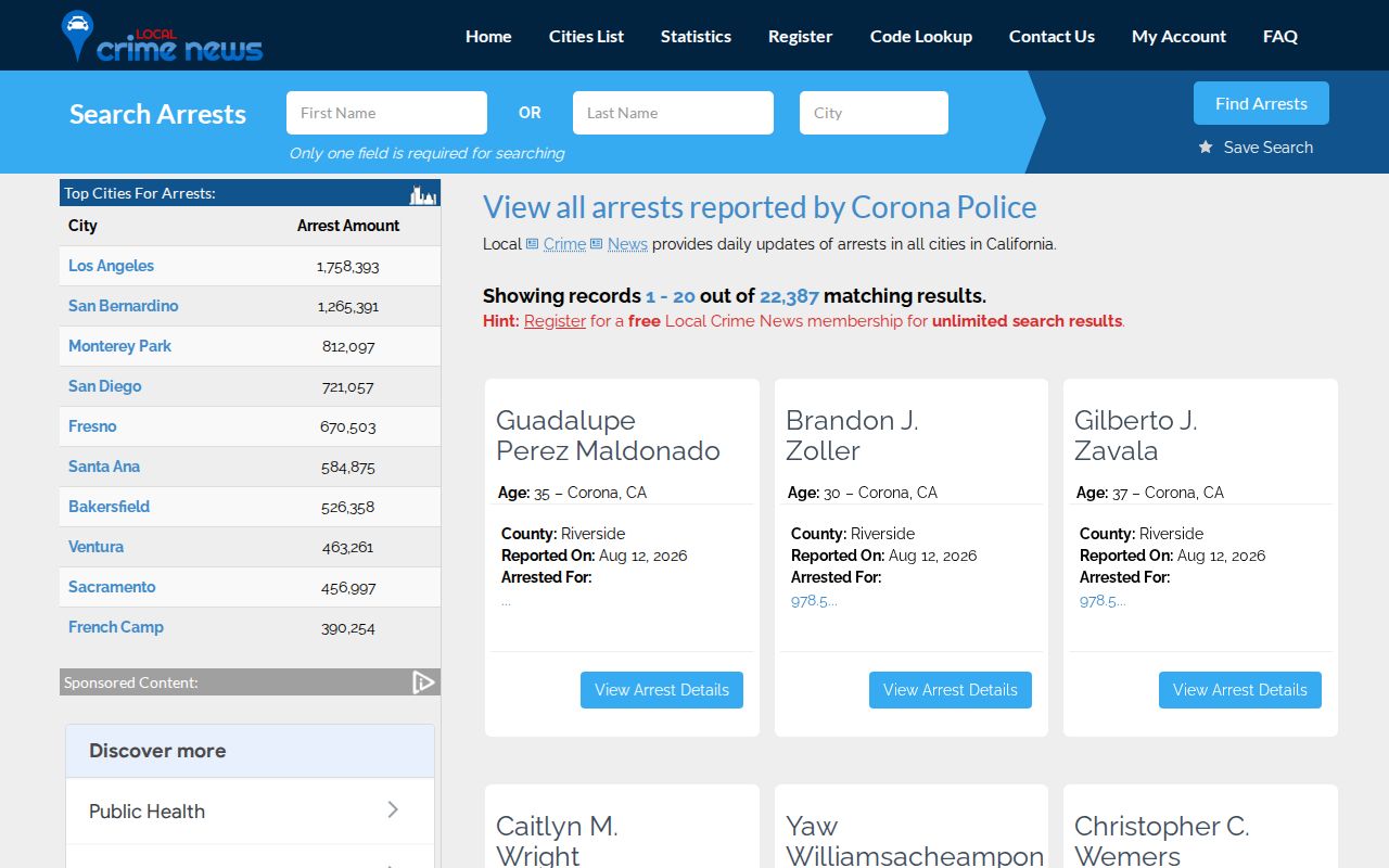 Unofficial Corona Police arrest listing requiring official busted mugshot verification