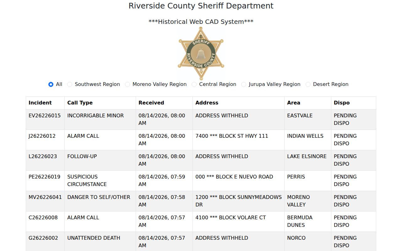 Moreno Valley sheriff CAD call records without busted mugshot photos