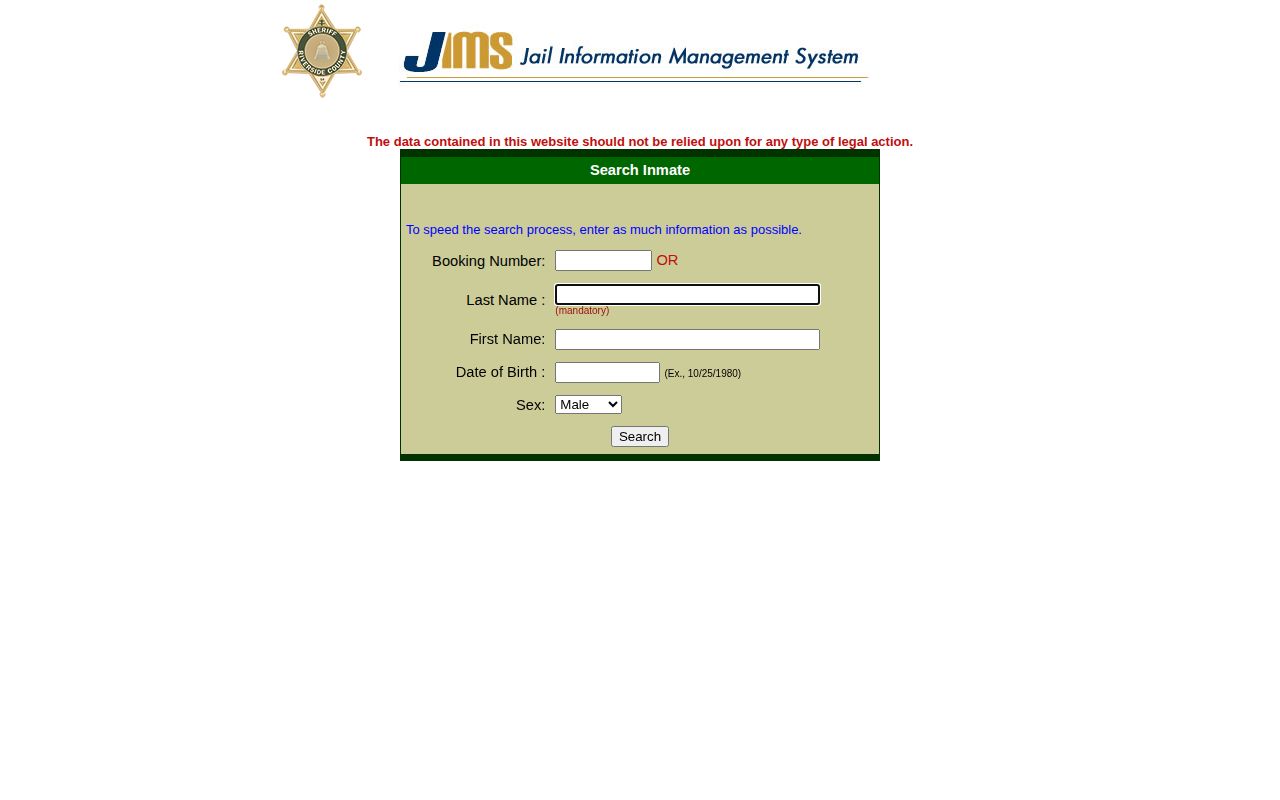 Riverside County JIMS booking record search interface