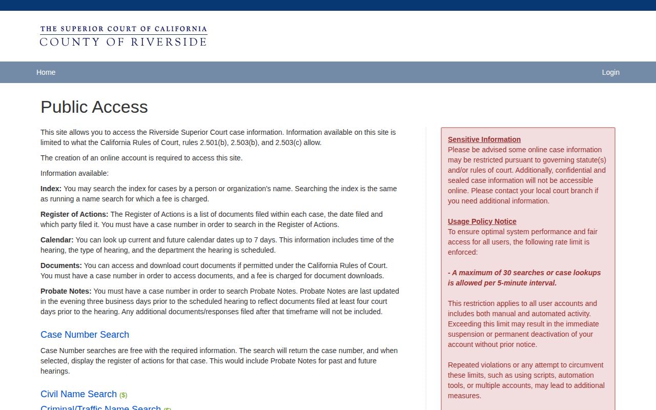 Riverside County arrest case and disposition search portal