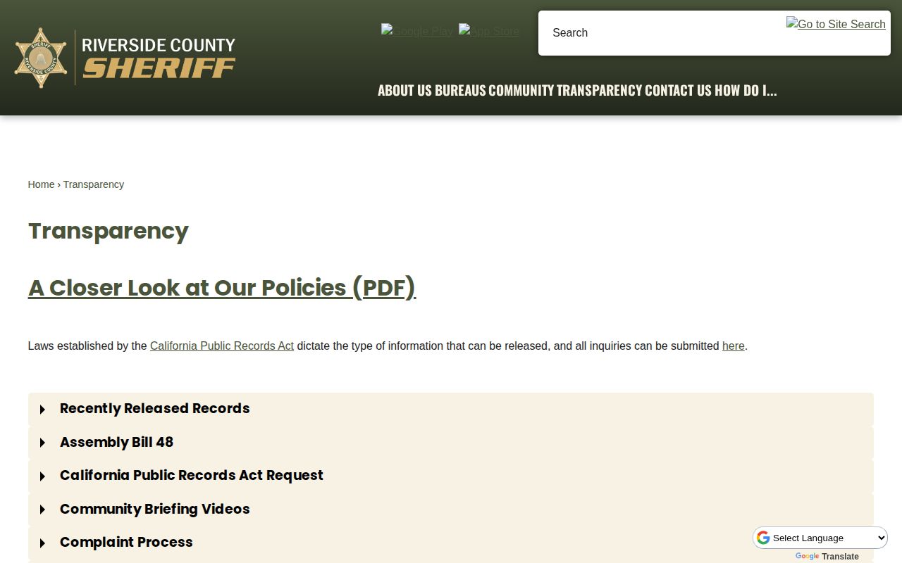 Riverside County Sheriff booking record request page