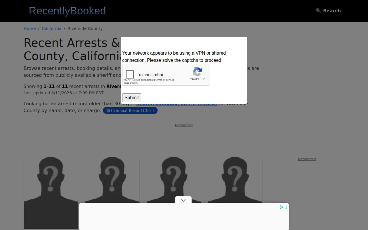 Unofficial Riverside County recent booking records page